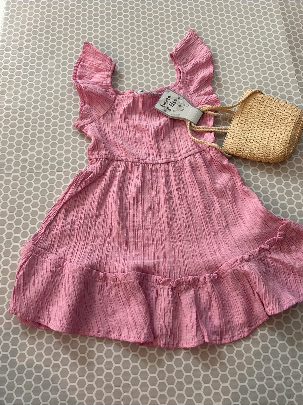 NWT Emma & Elsa Pink Ruffle Summer Dress w Straw Purse Size 5